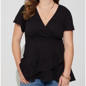 Torrid Black Cotton Modal Surplice Faux Wrap Ruffle V Neck Smocked Waist Top